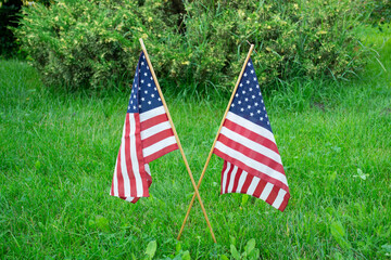 Two US American national flags with blue white red colors, star striped waving  sticked in the ground on green grass for celebrating Independence Day 4th 4 fourth of July