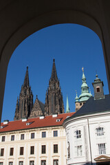 Fototapeta na wymiar Amazing view through the arch of the old Catholic Cathedral in Prague.