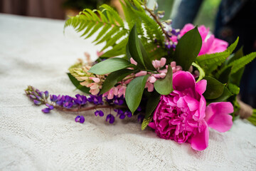 beautiful bouquet of peonies, lupins and fern