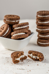 Chocolate chip cookies stacked with milk