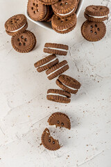 Chocolate chip cookies stacked with milk
