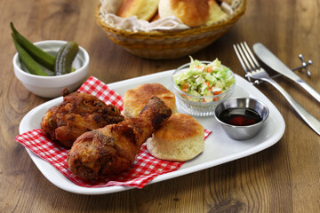 Fototapeta na wymiar homemade buttermilk fried chicken & biscuits, southern food