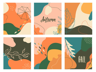 Set of autumn abstract fluid backgrounds with geometric shapes. Template design for flyer, new season banner,poster,cards.Pastel fall placards. Vector illustration.