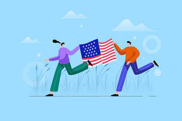 Happy Young Couple Holding American Flag - Vector Illustration