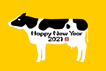 2021年丑年の年賀状イラスト: 乳牛の模様デザイン 