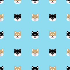 Cute shiba inu. Dog cartoon icon, seamless vector illustration on blue pastel background.