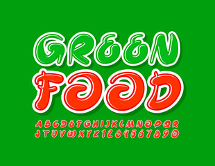 Vector creative banner Green Food. Green Artistic Font. Handwritten Alphabet Letters and Numbers