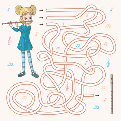 Labyrinth. Maze game for kids. Help cute cartoon flutist girl find path to her flute. Vector illustration. Light blue and yellow pastel colors.