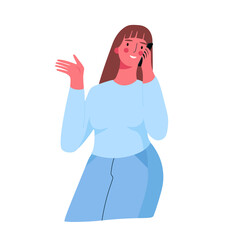 Young woman talking on the phone. Female character with smartphone. Cute woman with gadget isolated on white background. Vector cartoon illustration in a flat style.