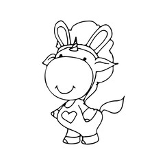 Coloring book for kids - unicorn with a horse on a t-shirt and hoop bunny ears. Black and white cute cartoon unicorns. Vector illustration.