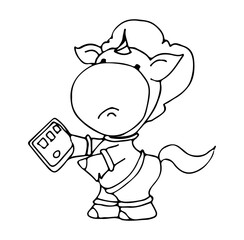 Coloring book for kids - unicorn showing something on the tablet. Black and white cute cartoon unicorns. Vector illustration.	