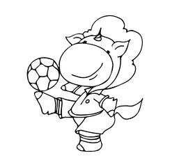 Coloring book for kids - unicorn playing soccer with a ball. Black and white cute cartoon unicorns. Vector illustration.	