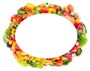 Oval frame from ripe vegetables and fruits.