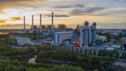 Fototapeta na wymiar Aerial view power plant during sunset time