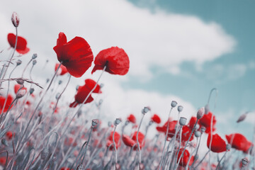 Wild poppy flowers on blur sky background.