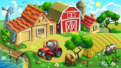 Naklejka premium Village, vector illustration. Farm with field, tractor, houses, shed and cows.