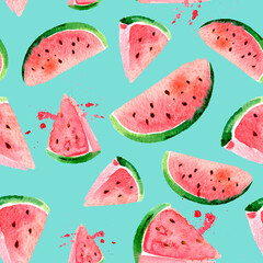 Seamless pattern with watercolor watermelon slices. Beautiful hand drawn texture on blue background.