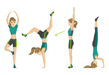 Woman fitness. Vector girl doing sport physical exercise. Woman exercising various different training poses. Active and healthy life concept