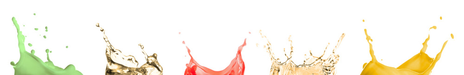 Fototapeta premium Set with splashes of different juices on white background. Banner design
