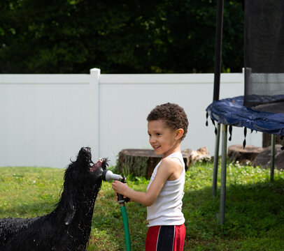 Cute little boy and dog playing outside with water in the summer garden.