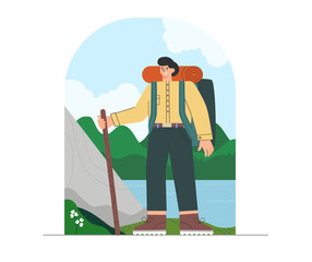 Young man in hiking clothes and backpack, standing on nature background, mountains, forests, natural landscape. Tourist holding a stick. Flat style vector illustration.