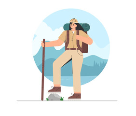 Young woman in hiking clothes and backpack, standing on nature background, mountains, forests, natural landscape. Tourist holding a stick. Flat style vector illustration.