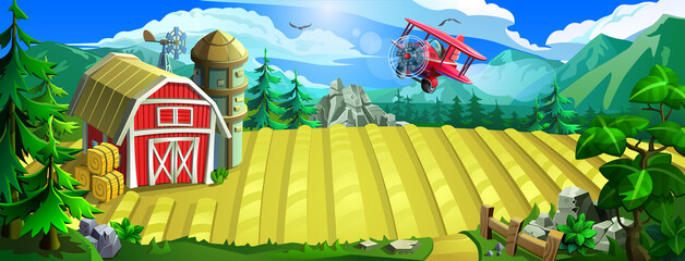 Farm with a sown field, a red barn and aircraft. Vector landscape with a farm, a forest and mountains.  © Vladislav K