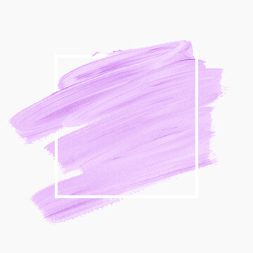 Lavender brush stroke paint over square frame isolated on white background. Vector.