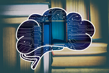 Machine learning concept. Double exposure of brain illustration with circuit board pattern and old...