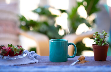 Espresso coffee in turquoise ceramic cup, outdoor on balcony with plants and chairs - fruit and sugar cane  on background