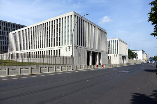 Berlin / Germany - July 20, 2019: Entrance of the new headquarters of Federal Intelligence Service - German: Bundesnachrichtendienst, BND -  in Berlin