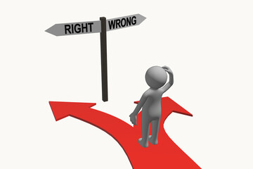 Anonymous 3D character standing at a crossroads trying to make a decision / choice concept