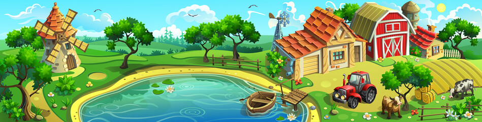 Obraz na płótnie Canvas Vector panorama of the village near the lake. Farm with a barn, a house, a windmill, a boat, a cow and a tractor.