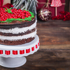 christmas cake new year dessert chocolate baking Menu concept serving size. food background top view copy space for text organic healthy eating
