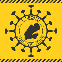 Corona virus in Djibouti sign. Round badge with shape of virus and Djibouti map. Yellow country epidemy lock down stamp. Vector illustration.