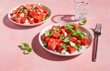 watermelon salad with feta cheese and basil. healthy summer dessert