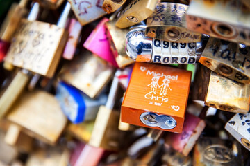 Close-up of the Love locks at Pont Neuf in Paris