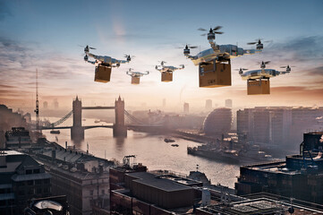Futuristic drones delivering packages in London, UK
