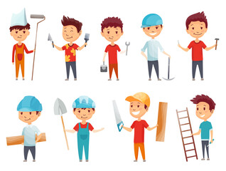 Kids builders. Little boys in builder work suit, children in construction helmet and engineering costumes. Little builders character. Cartoon isolated vector icons set