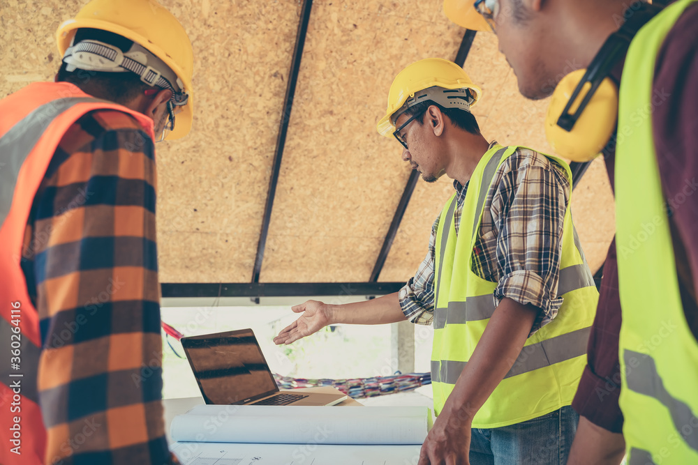 Poster engineer and architect meeting or discussing work in office or construction site.