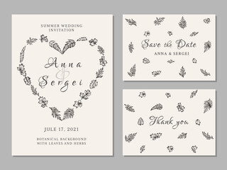 Set of wedding cards with leaves. Invitation, save the date, thank you card. Heart shaped wreath. Botanical illustration. Black and white.