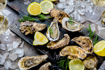 top view of delicious oysters on ice cubes and wine glass