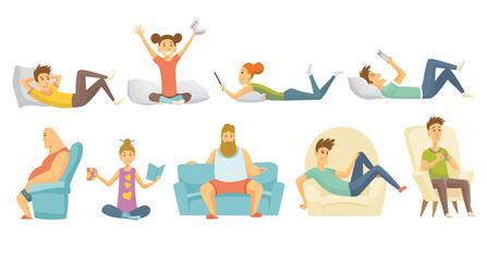 Collection of home leisure. Boys and girls rested at home in differint situations. Young people leisure time. Staying at home. Enjoyed leisure time alone