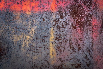 The old iron background is painted in red, pink, purple with rust and chips.