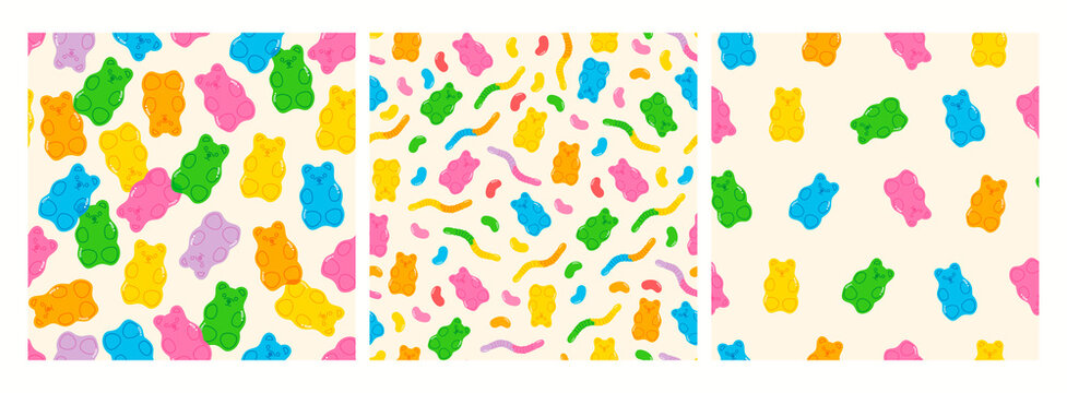 Colorful Fruity and tasty Sweets and Candies. Various Gummy and Jelly Worms, Beans, Bears. Hand drawn Vector Trendy illustration. Cartoon style. Set of three Seamless Patterns. Backgrounds, Wallpaper.