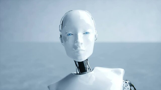 Futuristic humanoid female robot is idle. Concept of future. Realistic 4K animation.