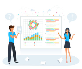 Digital data analysis concept. Market research, financial data analysis, project planning management. Business team makes a presentation in office. Big data analysis and analytics