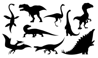 Dinosaur silhouettes set. Dino monsters icons. Prehistoric reptile monsters. Vector illustration isolated on white © the8monkey