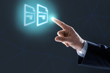 Businessman clicking on document icon using virtual screen, closeup