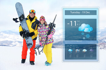 Lovely couple with equipment at ski resort and weather forecast widget. Mobile application
